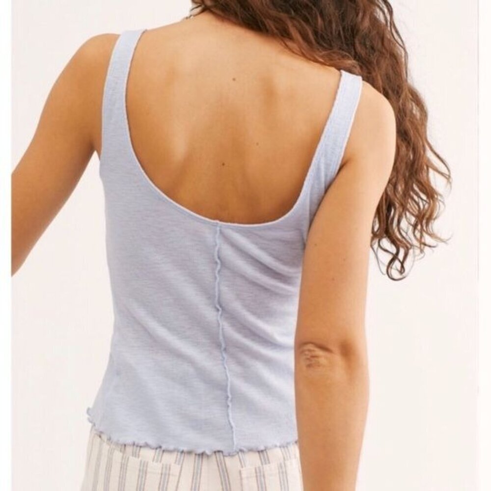 Free People Tellin Me Pastel Blue Ribbed Snap Front Tank Top - Picture 3 of 9
